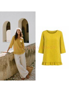 Resort | Lungo L'Arno Italian Linen Tunic | Chartreuse Yellow Pinstripe Ruffle S
